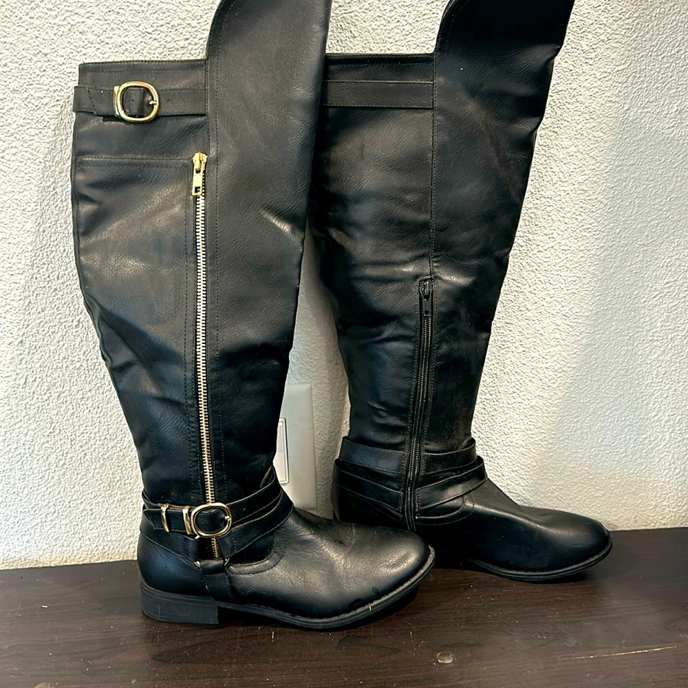 Ralph Lauren Mila, boots, black tall with gold trim, and flat bottom